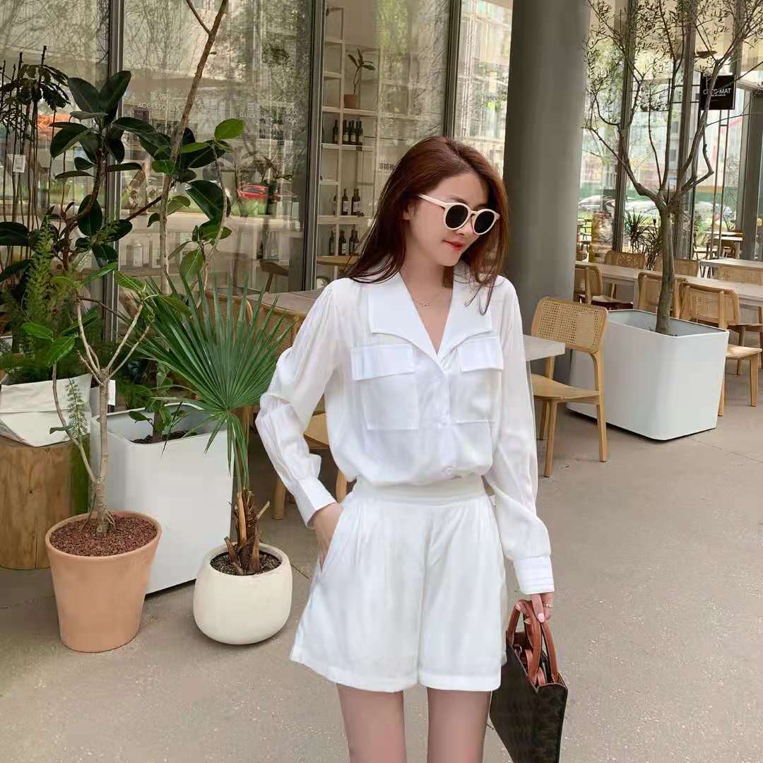 New Korean version long sleeve shirt and High Waist Shorts two piece set