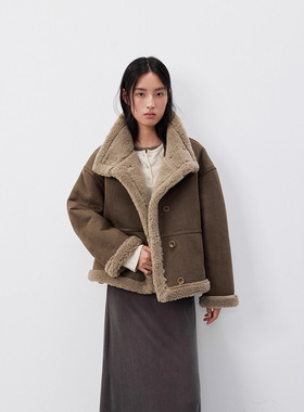 爱与南希十三行2025冬巴恩风立领加厚宽松保暖仿皮毛一体女03457