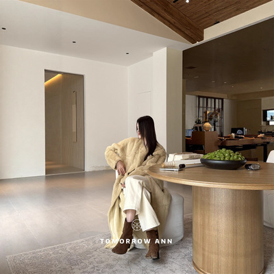 推荐十三行TOMORROW ANN冬季高级感兔毛貂毛长款大衣圆领皮草