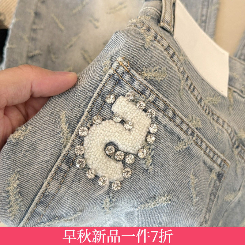 早新款韩版刺绣烫钻羽毛提花牛仔裤女高腰直筒宽松显瘦窄版