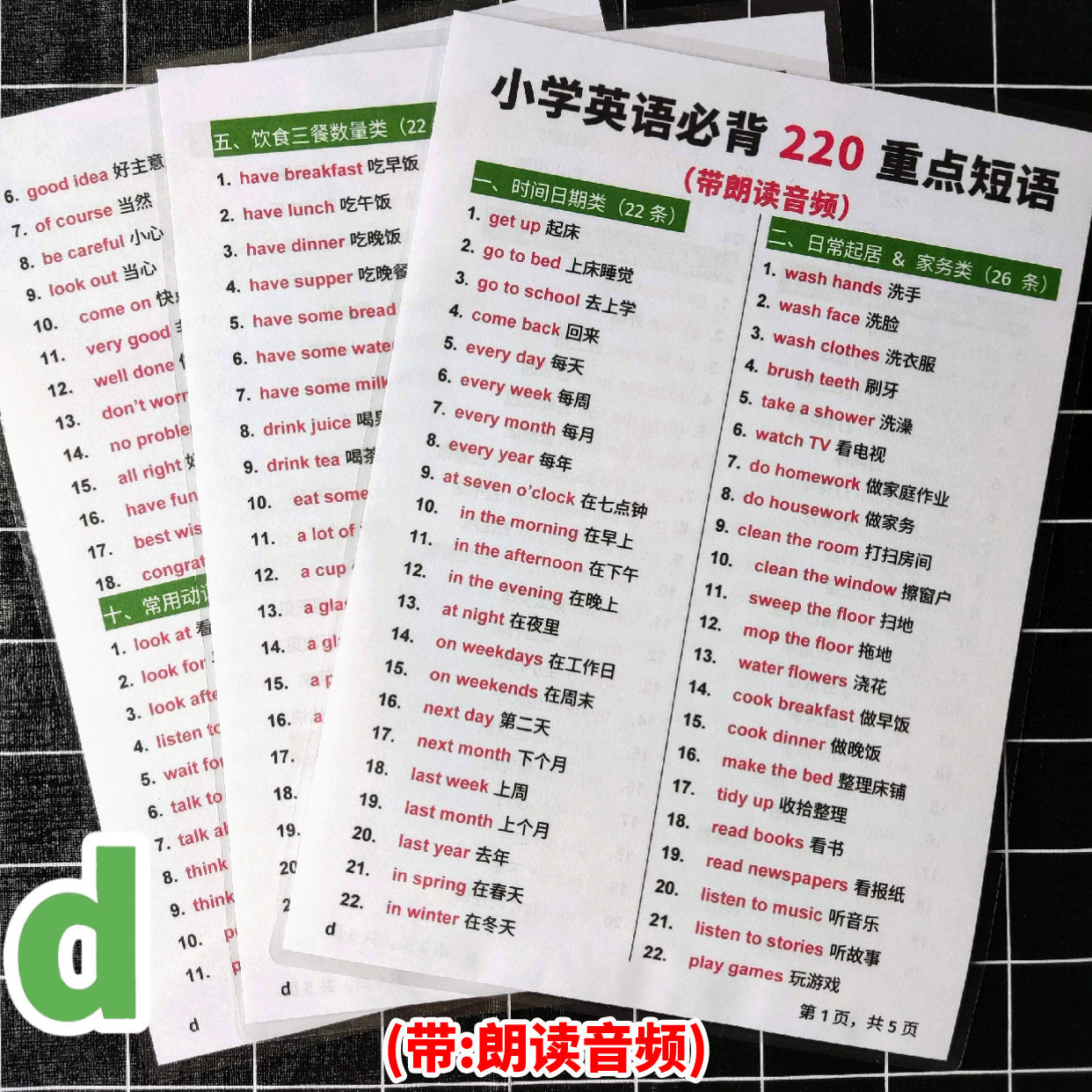 小学英语必背220重点短语语法知识点汇总表背诵塑封学习卡片闪卡