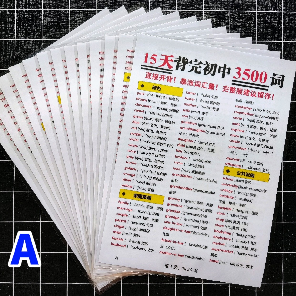 初中英语3500高频词汇总科学分类带音标快速记单词A4塑封学习卡片