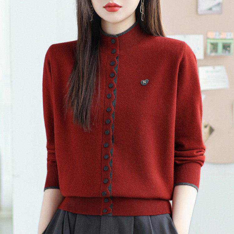 2025春秋冬季拼色半高领套头毛衣女士羊毛中年妈妈百搭针织打底衫