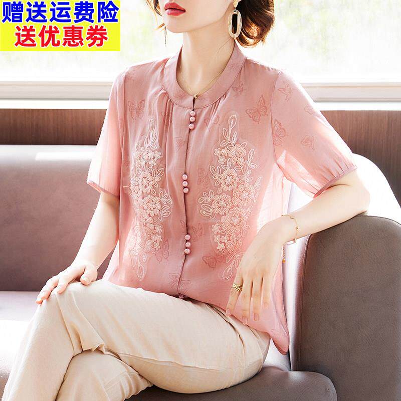 中年妈妈夏装时尚绣花T恤小衫2025新款中老年女装短袖衬衫上衣服