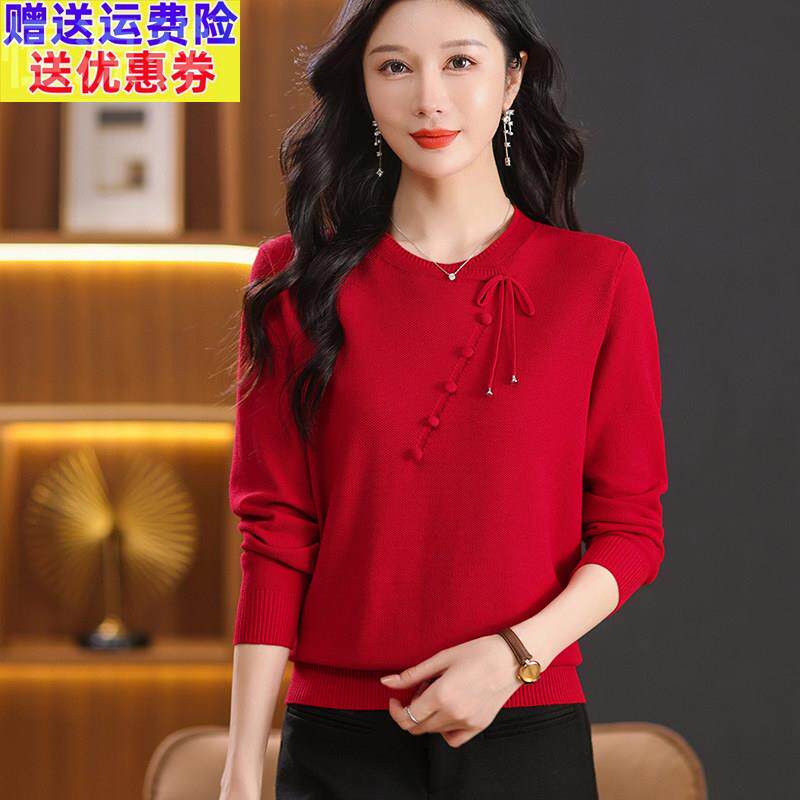 品牌26羊毛衫女中式国风长袖套头红色圆领短款毛衣百搭针织打底衫