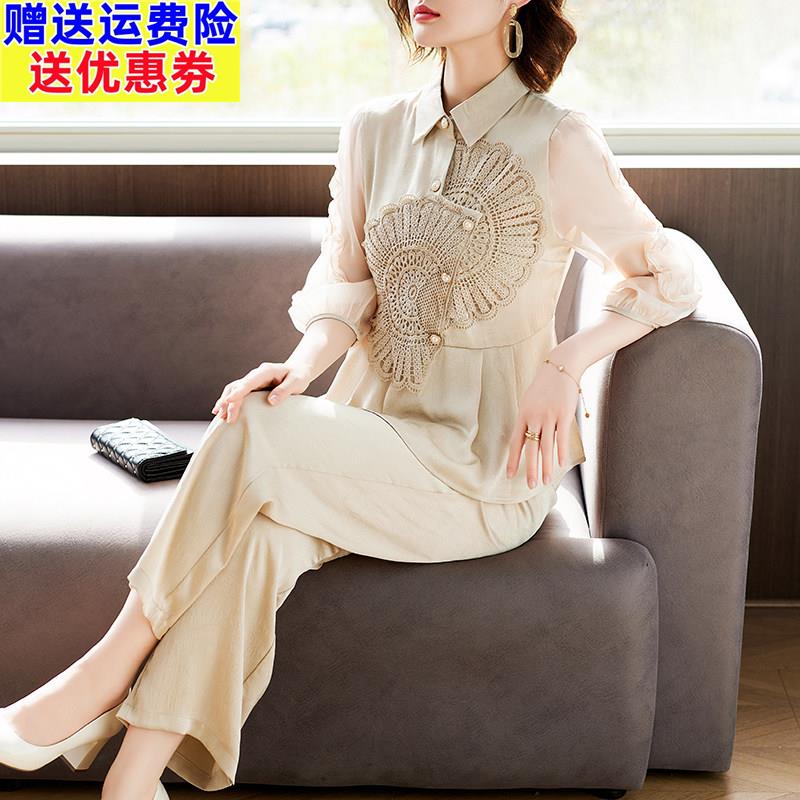母亲节新中式妈妈夏装雪纺套装中老年女国风七分袖T恤小衫两件套