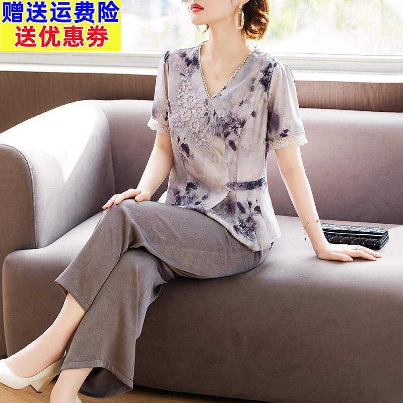 新中式妈妈夏装洋派短袖套装2026新款中老年女装时尚雪纺T恤小衫