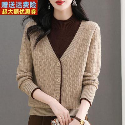 半高领假两件加厚针织上衣女2025秋季新款宽松拼色短款毛衣打底衫