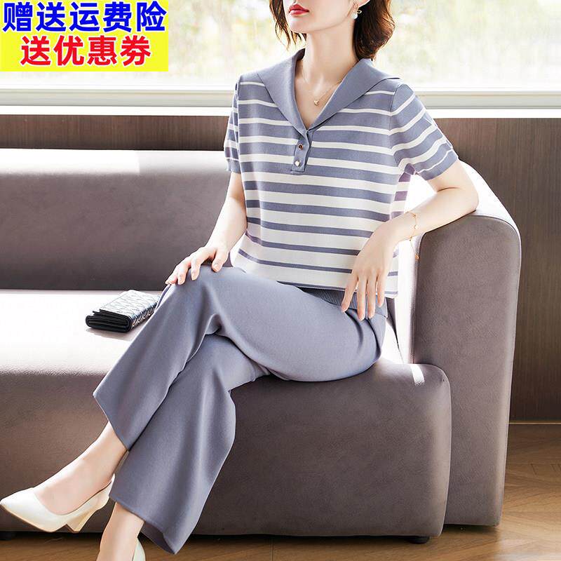 端庄大气妈妈夏装针织运动套装中老年女装洋派冰丝短袖t恤两件套