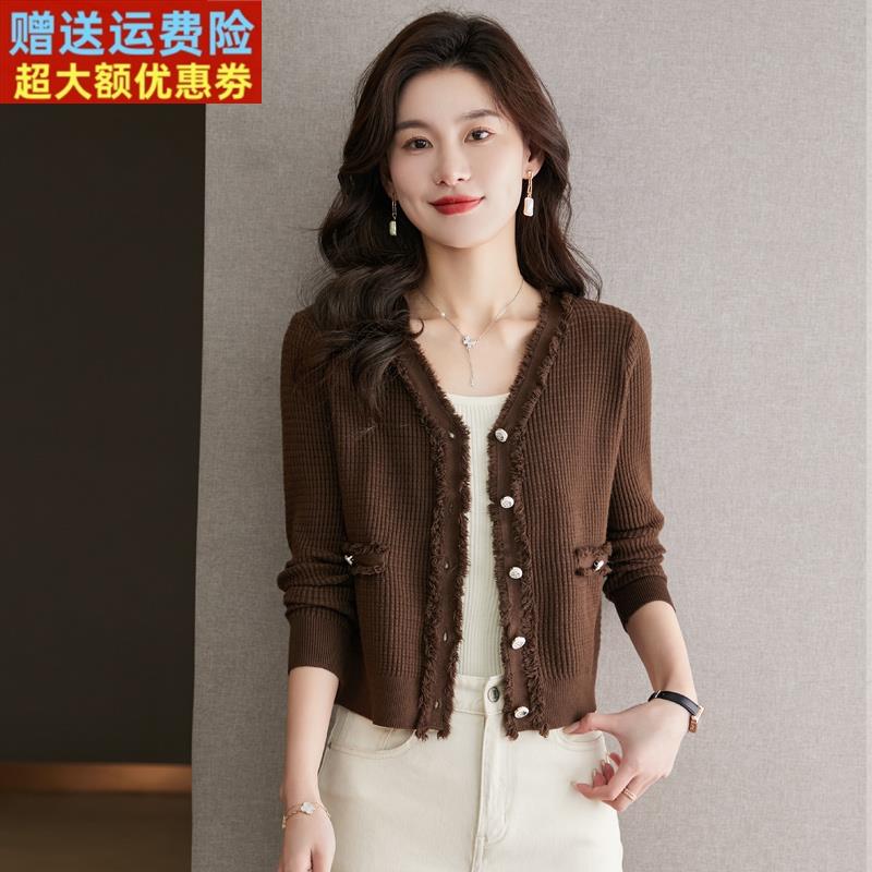 春秋时尚V领毛衣女超短款小香风宽松开衫高腰洋气外套小个子上衣
