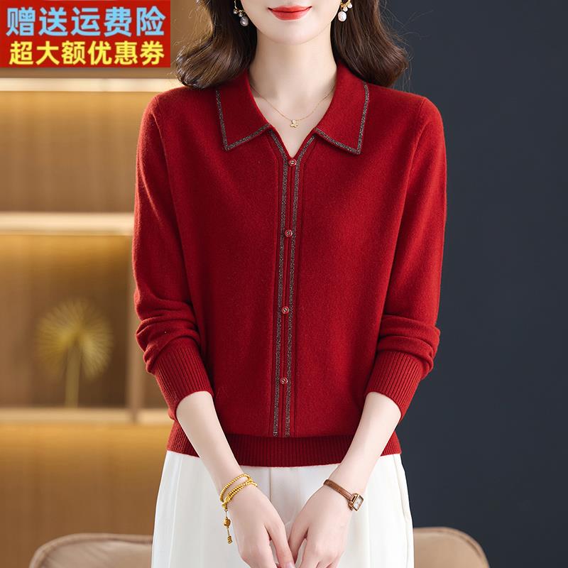 时尚新款100%纯羊绒衫女秋冬翻领毛衣宽松显瘦减龄妈妈装羊毛打底