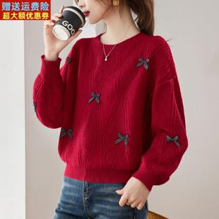 圆领红色毛衣女宽松秋冬2025新款高级感蝴蝶结洋气上衣针织打底衫