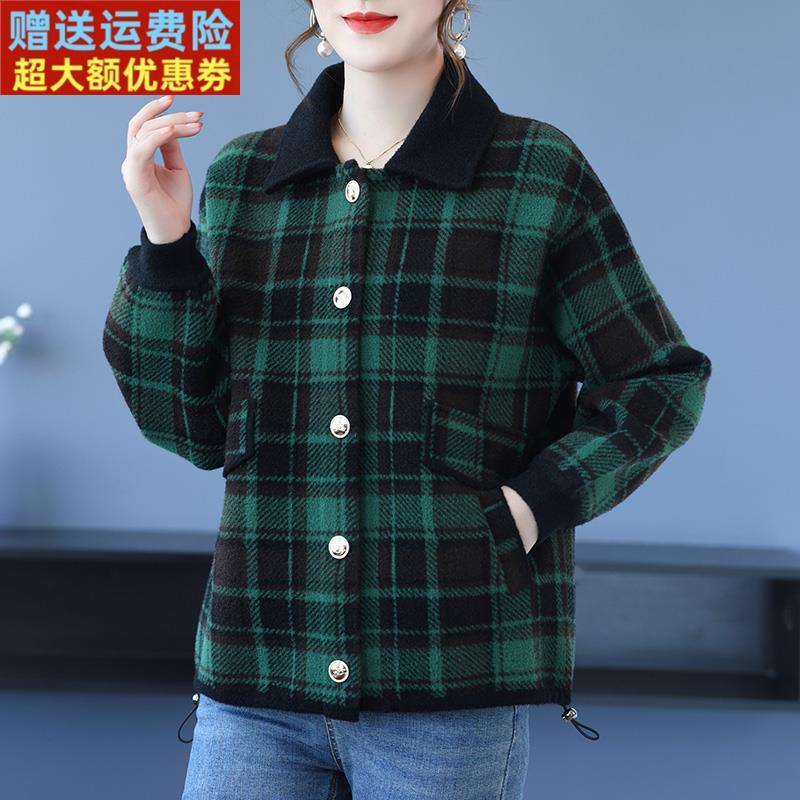 新款妈妈翻领格子短外套宽松显瘦休闲时尚双面绒女上衣春秋针织衫
