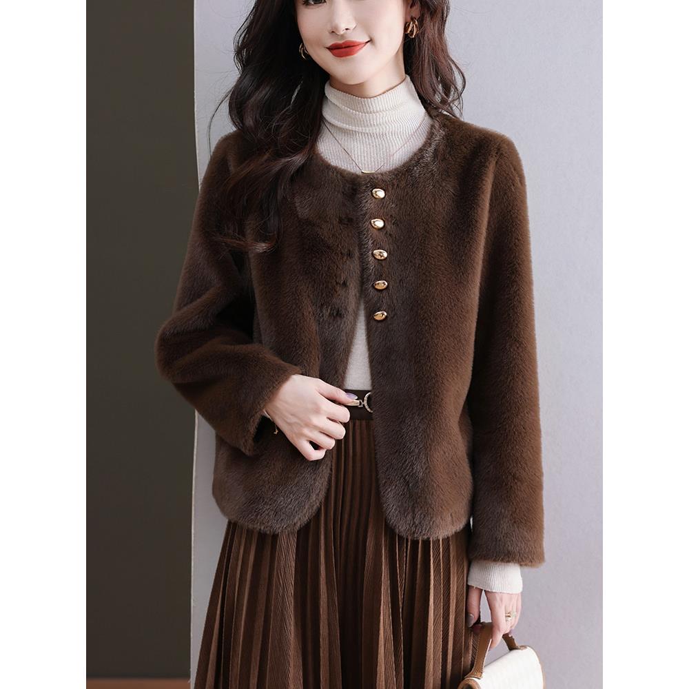 咖色水貂绒皮毛一体短外套女冬季2024新款小香风环保皮草爆款上衣