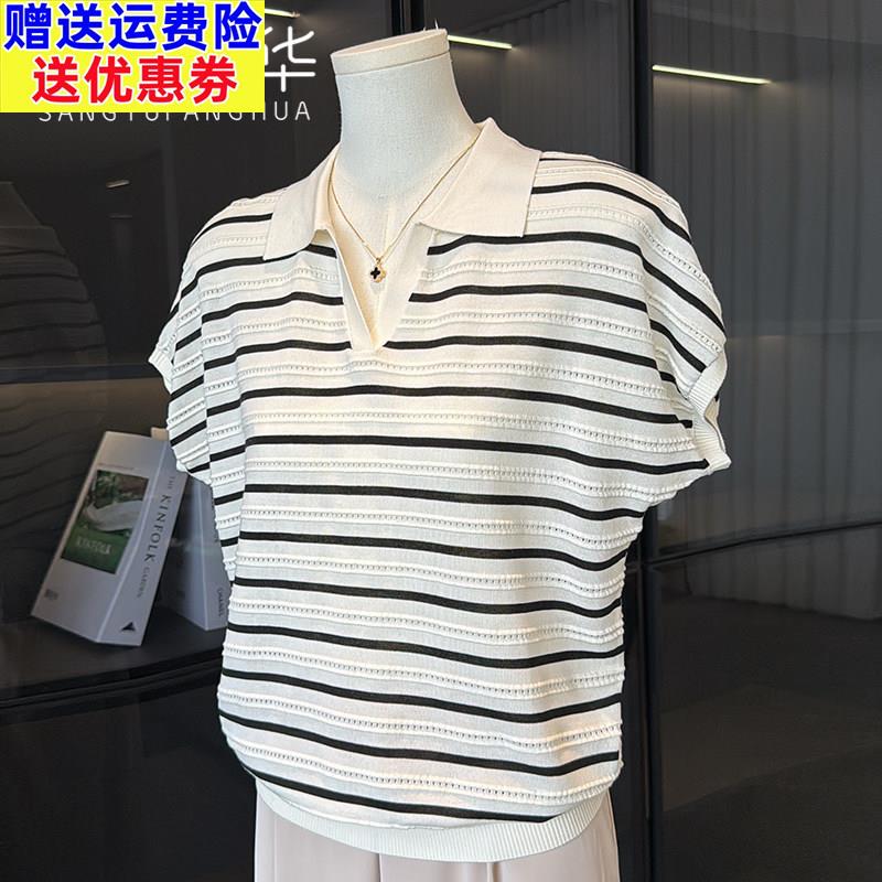时尚妈妈夏装条纹小衫冰丝上衣新款中老年女装短袖T恤母亲节衣服