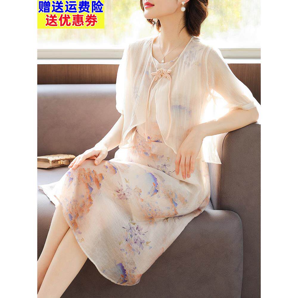 妈妈夏装真丝连衣裙2025新款中老年女短袖两件套桑蚕丝流行的裙子