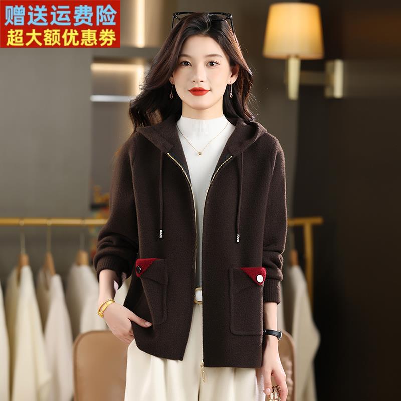 毛呢短外套女秋冬休闲慵懒风连帽拉链外搭2025新款宽松小个子开衫