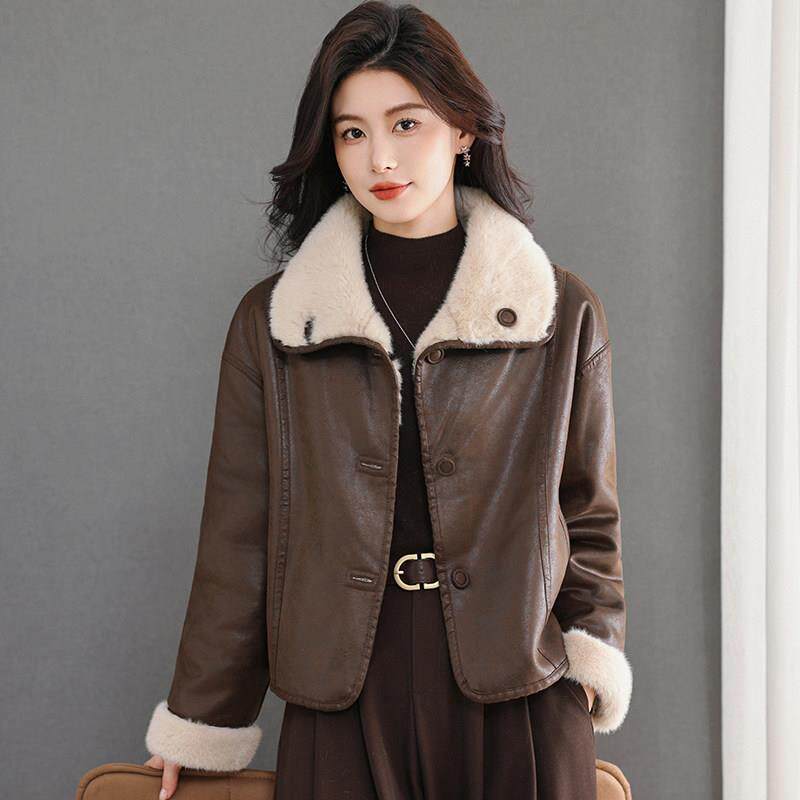 皮毛一体外套女短款大毛领两面穿百搭夹克衫秋冬小个子水貂绒上衣