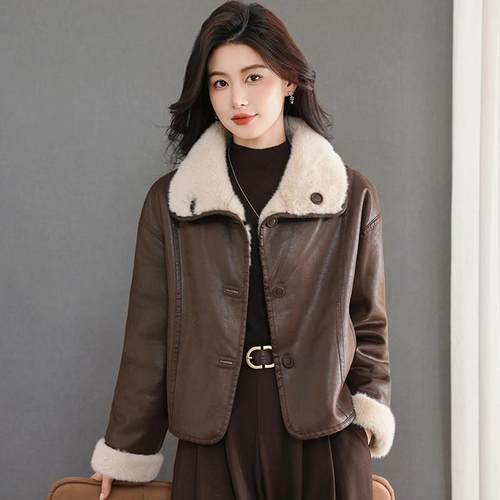 皮毛一体外套女短款大毛领两面穿百搭夹克衫秋冬小个子水貂绒上衣