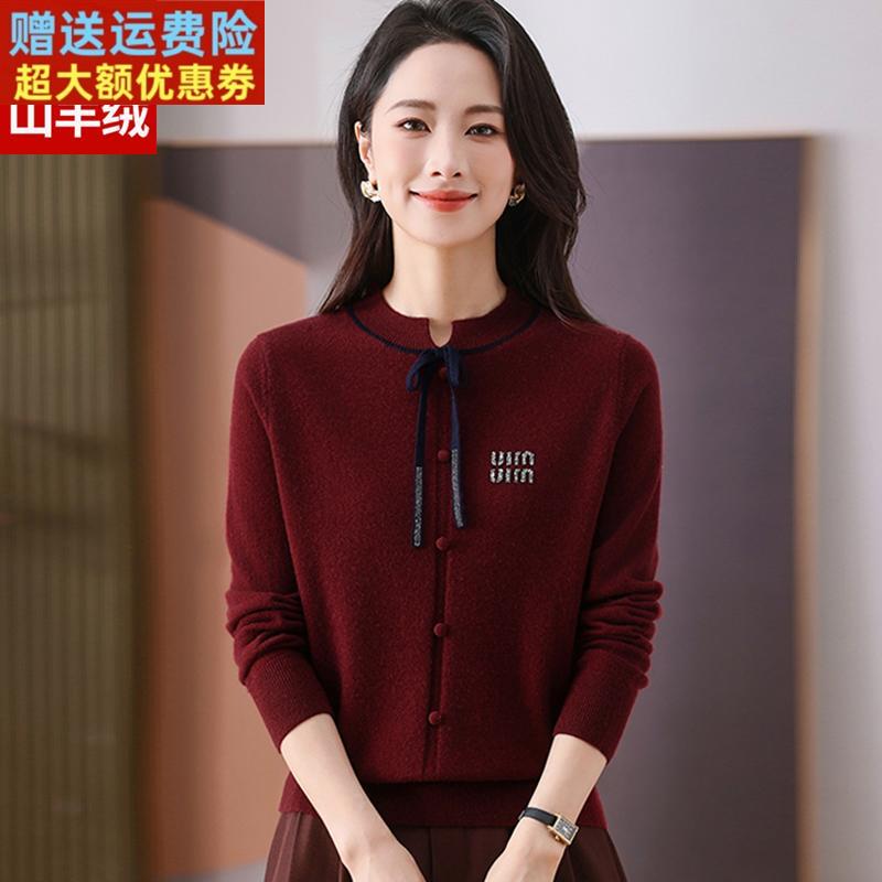 时尚小香风100%纯羊绒女毛衣新款系带圆领洋气减龄短款羊毛打底衫
