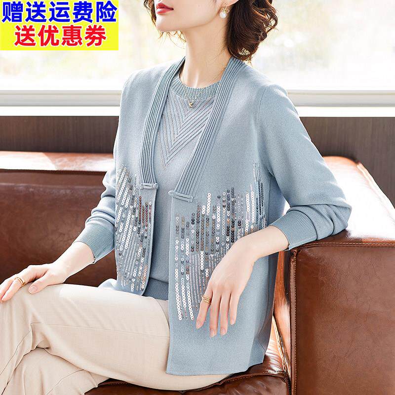 妈妈春装薄款开衫上衣两件套中老年女士春秋针织打底T恤小衫套装