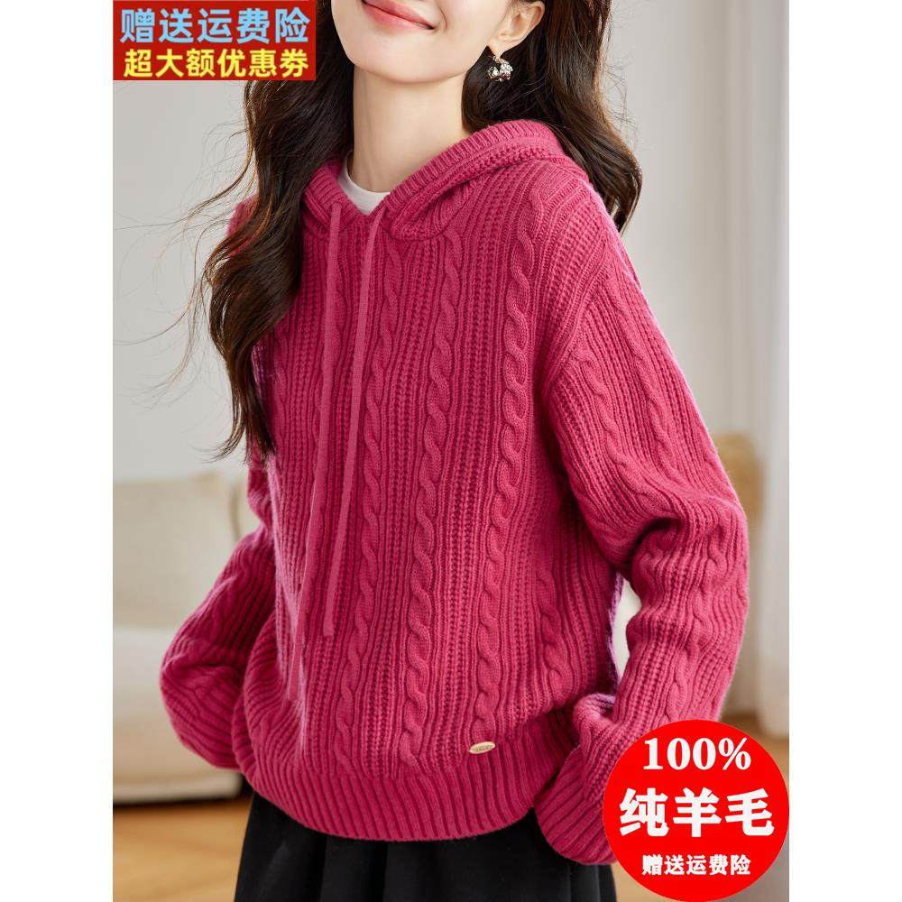 2024秋冬新款100%纯羊毛衫女时尚连帽卫衣宽松外穿毛衣针织打底衫