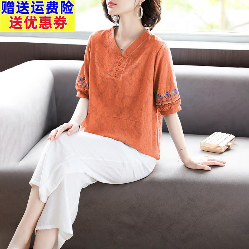 妈妈夏装套装休闲T恤小衫2026新款中老年女装棉麻短袖上衣两件套