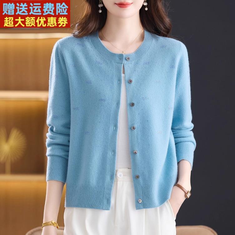 新款100%纯羊绒衫女圆领针织开衫时尚烫钻显瘦减龄妈妈装毛衣外套