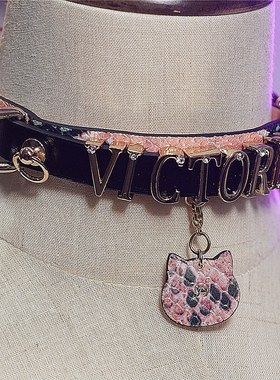 诊疗师手工定制 猫头吊牌可刻字铆钉真皮choker项圈女情侣SM小众