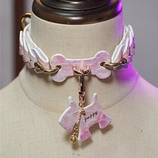 诊疗师手工定制 晚霞骨头狗牌吊坠项圈女m项链k9真皮牵引绳choker