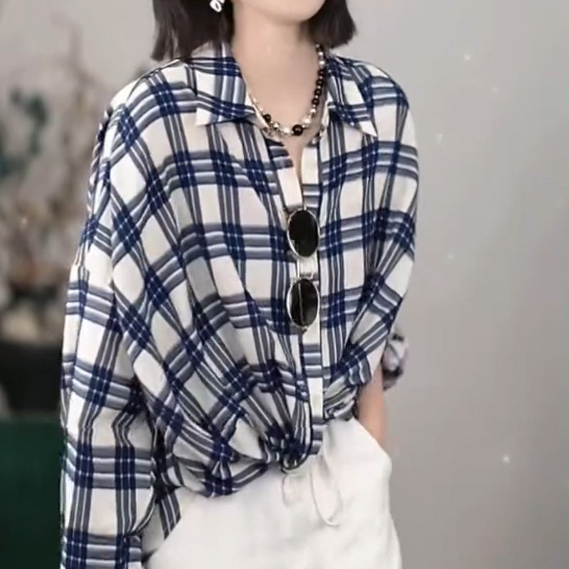 港风复古休闲格子衬衫女2025新款翻领宽松显瘦收腰扭结设计感衬衣