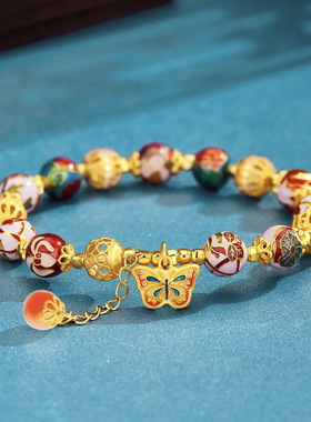 新款潮家沙金十二月花神珠手链滴胶足银蝴蝶粉晶手串抖音直播