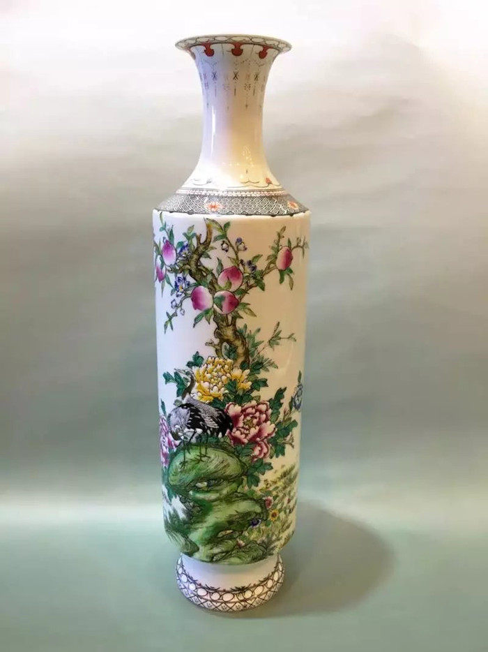 景德镇陶瓷粉彩花鸟仿古寿桃花瓶装饰品摆件客厅博古架插花花器
