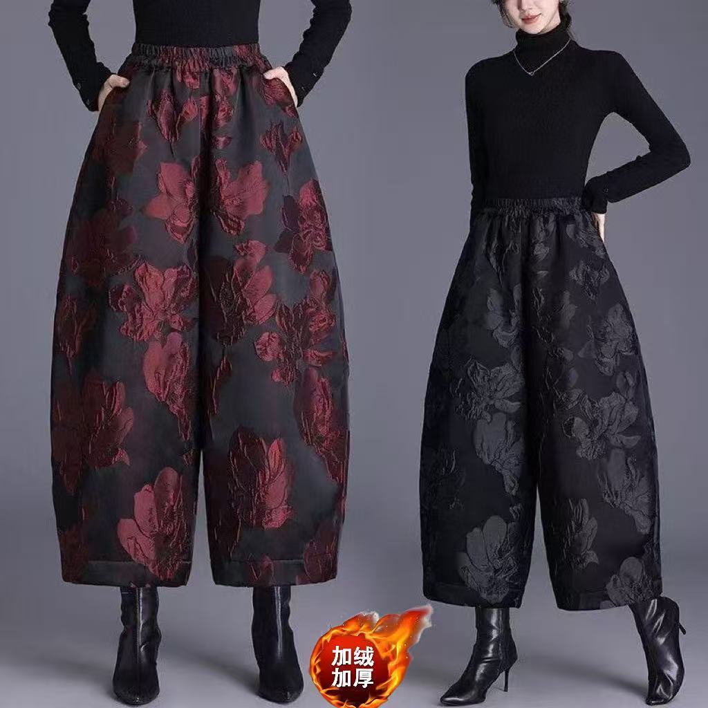 高档浮雕提花阔腿裤女2025春秋冬