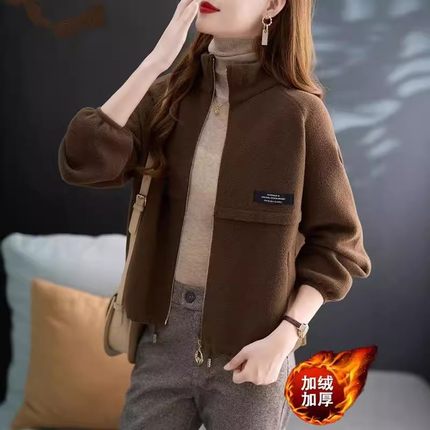 新款加绒夹克棒球服短外套女秋冬爆款洋气高腰加厚轻薄小个子开衫