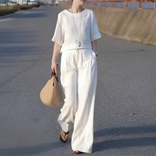 夏季高级感纯色亚麻套装女大码宽松显瘦高端苎麻阔腿裤棉麻两件套