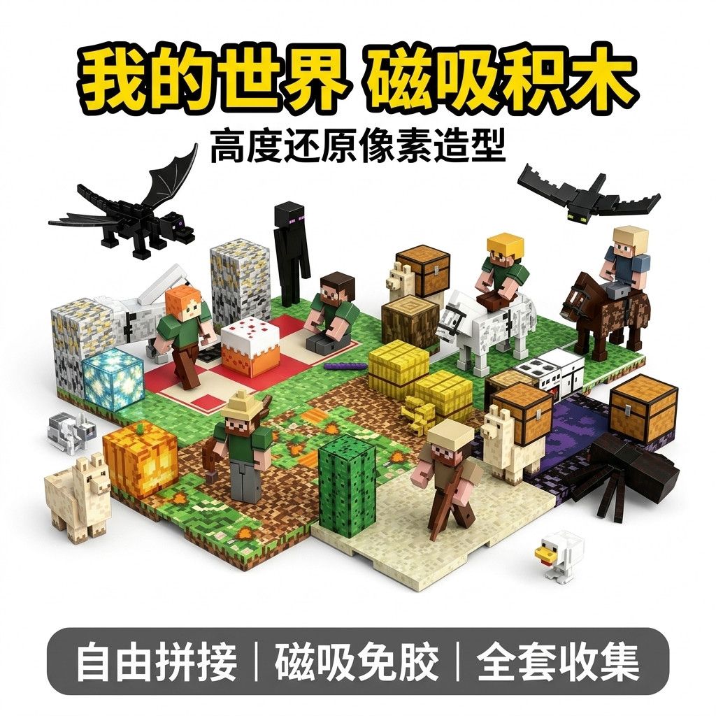 我的世界周边磁力方块积木人仔动物武器拼搭模型益智男孩儿童玩具