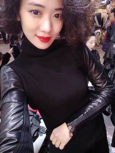 紧身小衫 真皮袖 高领加厚修身 女加棉拉链拼绵羊皮针织衫 秋冬 打底衫