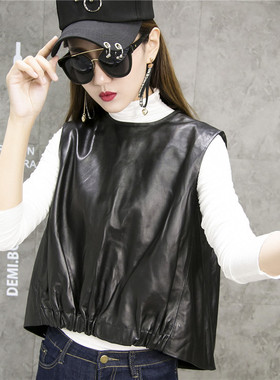 真皮马甲女欧货春秋新款短款背心圆领女士套头修身小坎肩绵羊皮