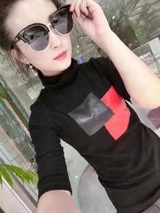 百搭小衫 春季 修身 绵羊皮女高领七分袖 毛衣 真皮拼接弹力针织打底衫