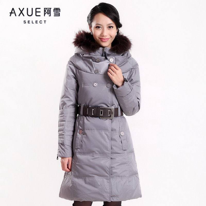 阿雪专柜同款羽绒服  通勤OL修身连帽大毛领正品羽绒服中长款女