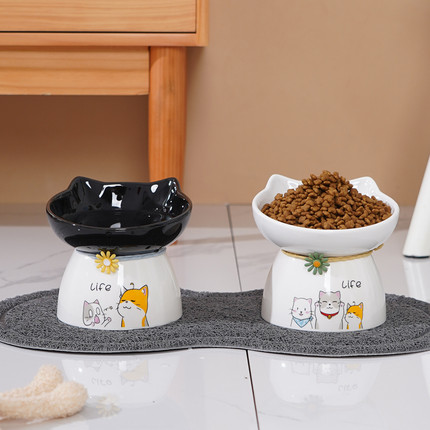 猫碗陶瓷猫食盆猫咪饭碗高脚大口径斜口碗喝水碗保护颈椎防打翻碗