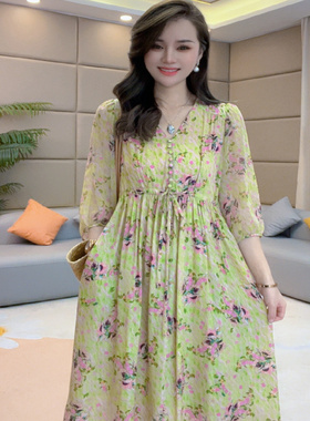 《静静心选》‘’桃李满园‘’气质大码时尚真丝连衣裙90479