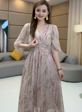 《静静心选》“莫奈花园”夏季收腰气质显瘦真丝连衣裙80043