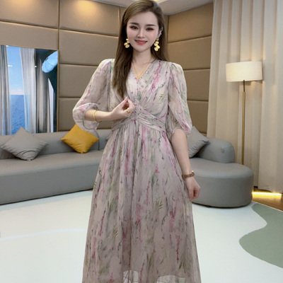 《静静心选》“莫奈花园”夏季收腰气质显瘦真丝连衣裙80043