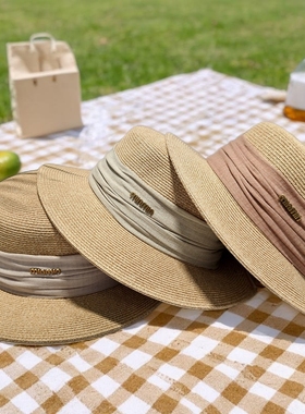 文艺草帽2026夏季休闲平檐遮阳帽minm防晒帽凉帽法式平顶太阳帽