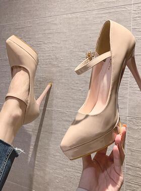 31 32 33小码裸色高跟鞋女细跟黑色一字扣带防水台超高跟单鞋12CM