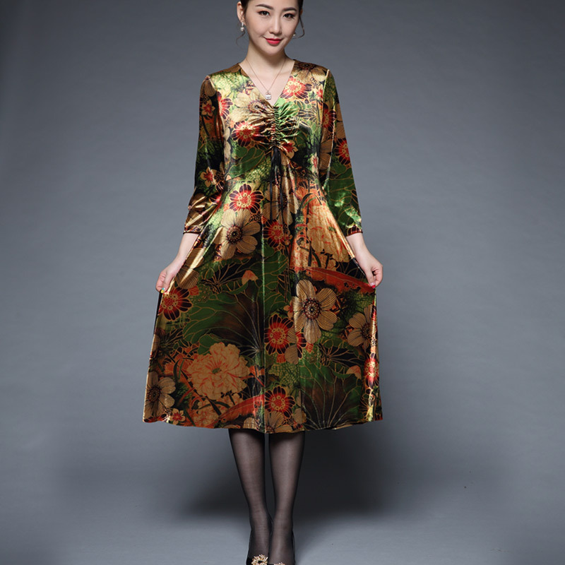 民族风真丝绒连衣裙中长款加肥加大码女装20