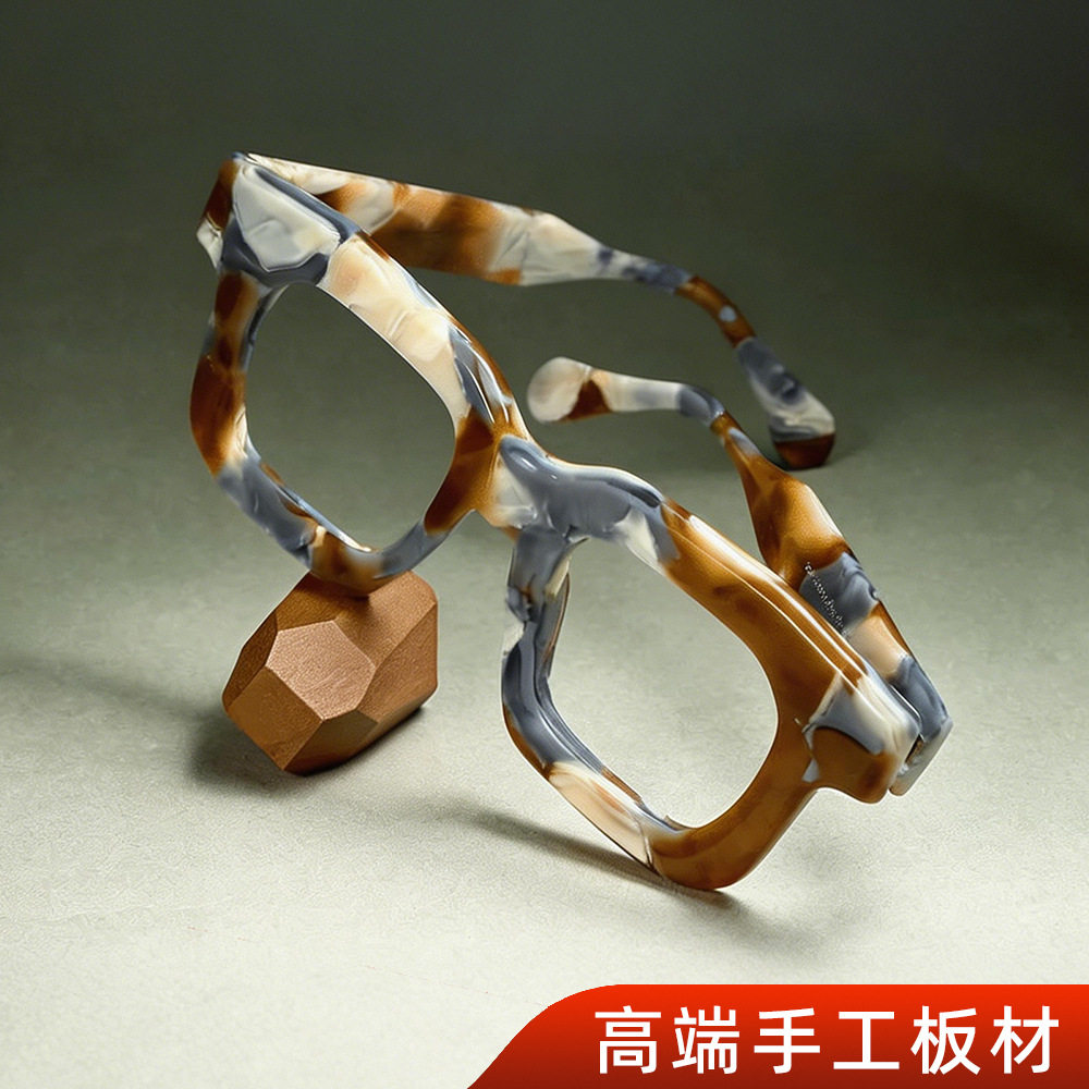 【源头工厂】跨境眼镜大框方形高端手工板材镜架豹纹琥珀色