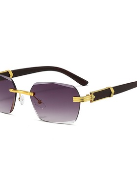 不规则墨镜无框切边太阳镜木纹腿墨镜欧美方形潮流时尚无框太阳镜